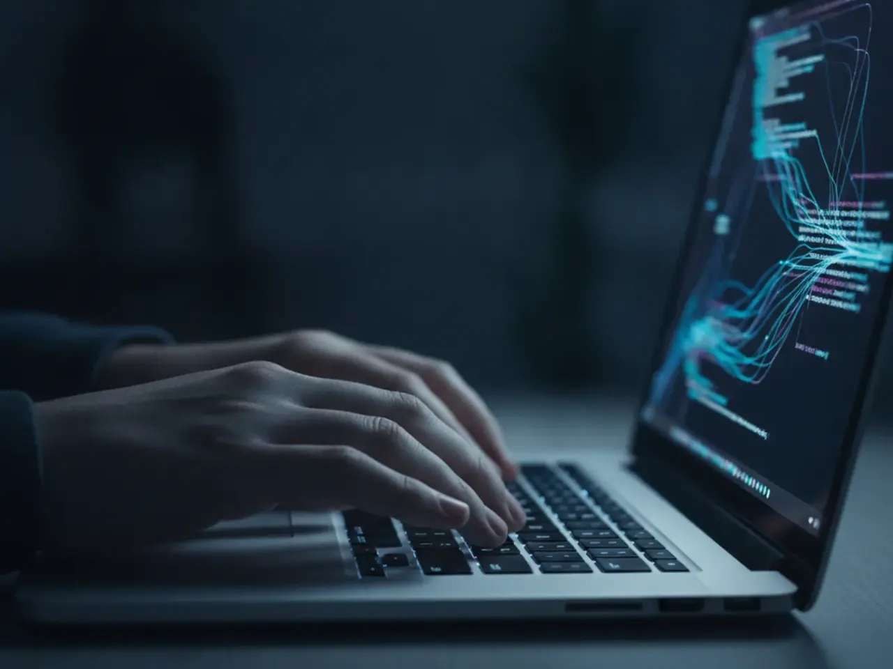 Maos digitando em um teclado de laptop c