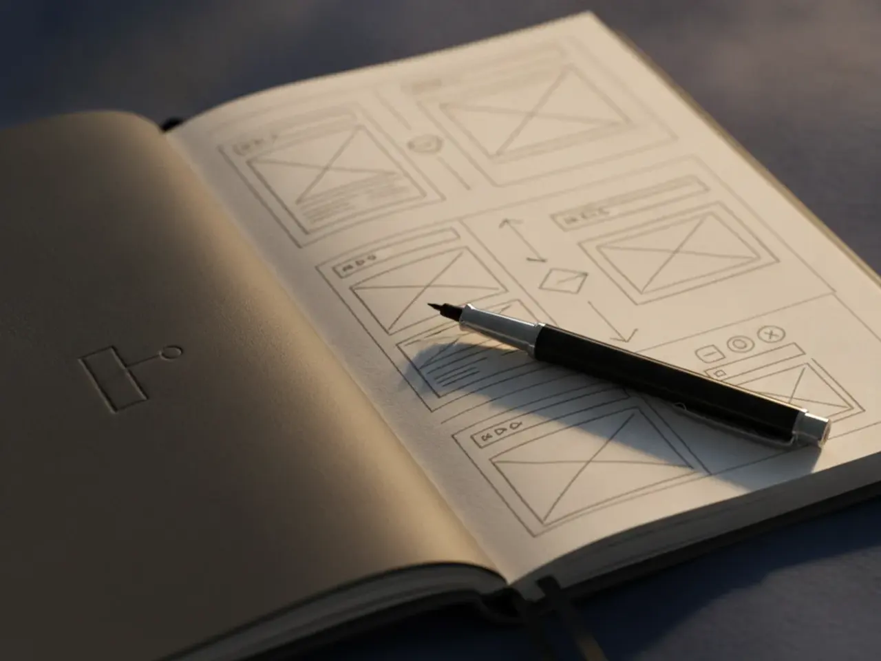 Caderno aberto com rascunhos de layout d